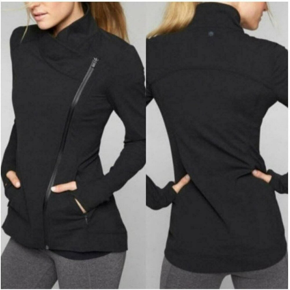 ATHLETA Black Intention Assymetrical Zip Up Jacket Powervita M Active High Neck